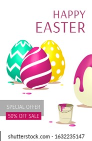 Happy Easter card with decorated eggs and paint bucket. Vector illustration for greeting card, ad, promotion, poster, flyer, banner, special offer.