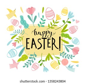 Happy Easter card with decorative eggs and flowers frame. Hand drawn lettering