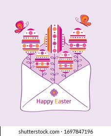 Happy Easter card. Decorative eggs in envelope. Vector illustration.