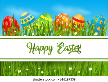 Happy Easter card with decorative eggs and frame.
