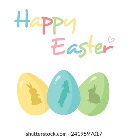 Happy Easter card with decorative text and eggs with bunny. Flat vector illustration on white background. Cute easter design for card, poster, banner.