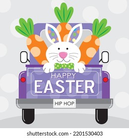Happy Easter Card Design With Bunny And Carrots On The Car