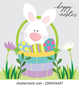 Happy easter card design with bunny and eggs in the basket