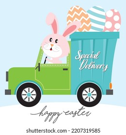 Happy easter card design with bunny and eggs on the truck