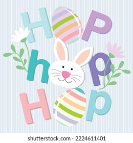 Happy easter card design with bunny, eggs and hop hop hop text