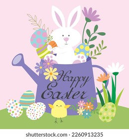 Happy easter card design with bunny, eggs, flower on the kettle