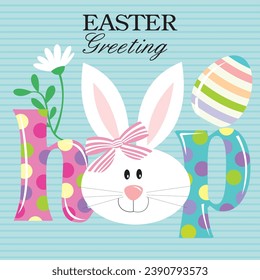 Happy easter card design with bunny and hop text