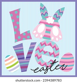 Happy easter card design with bunny, eggs and love text