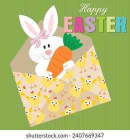Happy easter card design with bunny and carrot in the envelope