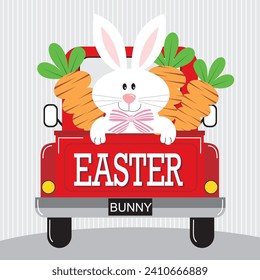 Happy easter card design with bunny and carrots on the car