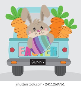 Happy easter card design with bunny, egg and carrots on the car