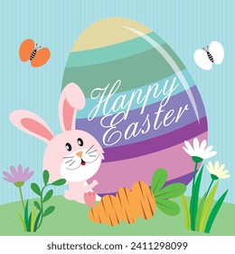 Happy easter card design with bunny, egg and carrot