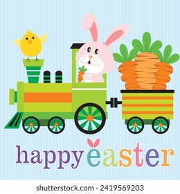 Happy easter card design with bunny and carrots on the train