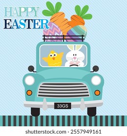 Happy Easter card design with bunny, chick, eggs and carrots on the car