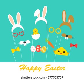Happy Easter card design with bunny ears,  Easter eggs and funny glasses and masks, vector illustration 