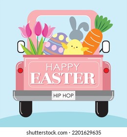 Happy Easter Card Design With Carrot, Egg, Chicken And Tulips On The Car