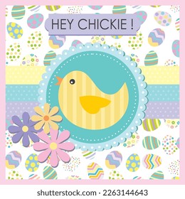 Happy easter card design with chicken and decorations