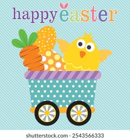 Happy Easter card design with chicken, eggs and carrot on carriage