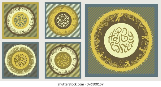 Happy Easter card design with circular ornament: rabbits, eggs, flowers, abstraction... Hand drawn Vector illustration.