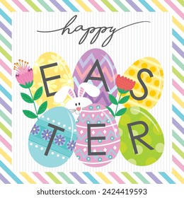 Happy easter card design with colorful eggs, bunny and flowers