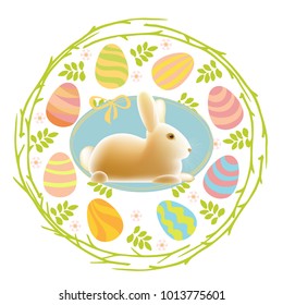 Happy Easter card design with cute Easter bunny, colored eggs and wreath from tree twigs, foliage and flowers. Colorful vector illustration isolated on white background.