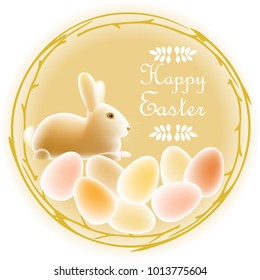 Happy Easter card design with cute Easter bunny, colored eggs and wreath from tree twigs. Inscription "Happy Easter". Pastel color gamut vector illustration on beige gradient background.