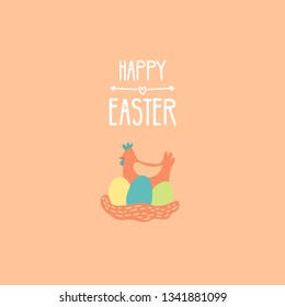 Happy Easter card design. Cute chicken with easter eggs greeting card. Vector illustration. Pastel colors. 