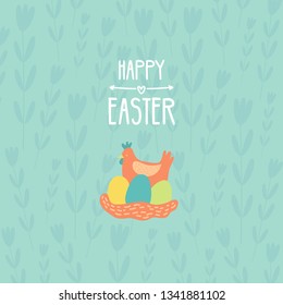 Happy Easter card design. Cute chicken with easter eggs greeting card. Vector illustration. Pastel colors. 