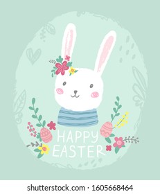 Happy Easter card design with cute banny, flowers and text, hand drawn illustration.