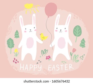 Happy Easter card design with cute bunnies, flowers, bird, ballon and text, hand drawn illustration characters.