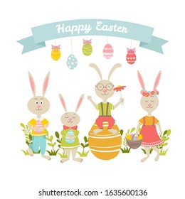 Happy Easter card design with cute bunnies (boys and girl) and text. Vector illustration for invitations with decorative banner and background