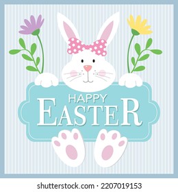 Happy easter card design with cute bunny and flower