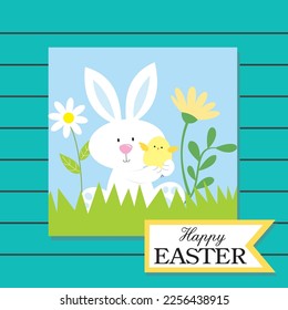 Happy easter card design with cute bunny, chick and flower