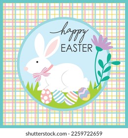 Feliz diseño de tarjetas de Pascua con lindo conejito, huevos y flores