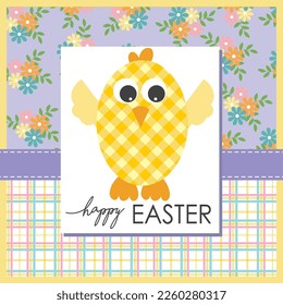 Happy easter card design with cute chicken and ornaments