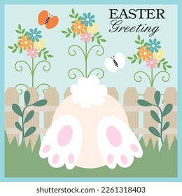 Happy easter card design with cute bunny and flowers