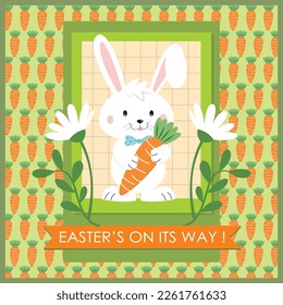 Happy easter card design with cute bunny and carrot