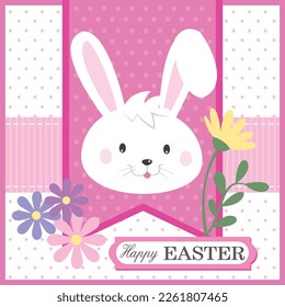 Happy easter card design with cute bunny and flower