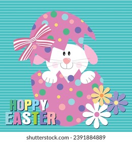 Happy easter card design with cute bunny in the eggshell