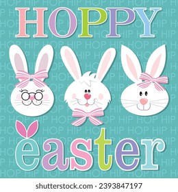 Happy easter card design with cute bunnies and colorful text