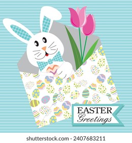 Feliz diseño de tarjetas de Pascua con lindo conejito y tulipanes en el sobre