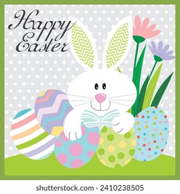 Happy easter card design with cute bunny and eggs