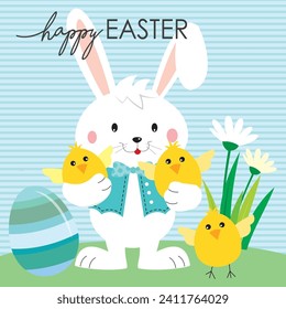 Happy easter card design with cute bunny and chicken