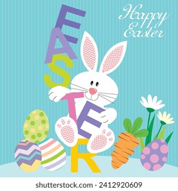 Happy easter card design with cute bunny, eggs and carrot