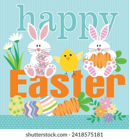 Happy easter card design with cute bunny, eggs, carrots and flowers