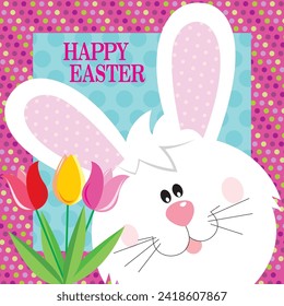 Happy easter card design with cute bunny and tulip flowers