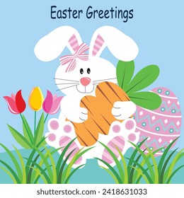 Happy easter card design with cute bunny, carrot, eggs and tulips