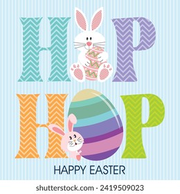 Happy easter card design with cute bunny, egg and hip hop text