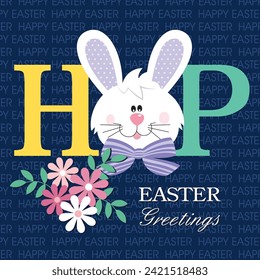 Happy easter card design with cute bunny and flowers