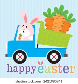 Happy easter card design with cute bunny and carrots on the truck